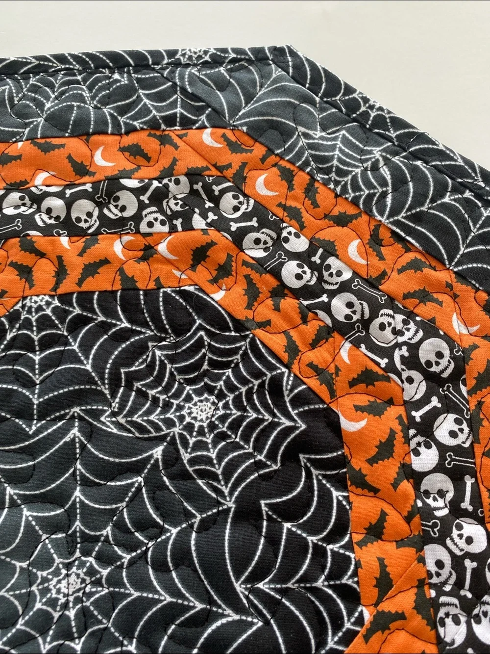 Halloween Spiderweb Quilted Table Topper - Orange & Black 14 inches wide